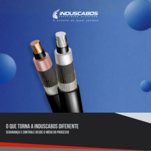 Cabos elétricos industriais com condutores de cobre e alumínio em destaque sobre fundo azul