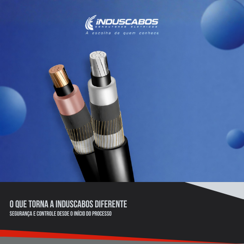 Cabos elétricos industriais com condutores de cobre e alumínio em destaque sobre fundo azul