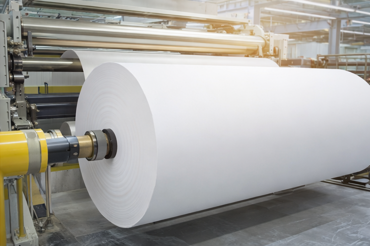 Rolo de papel industrial em linha de produção automatizada.